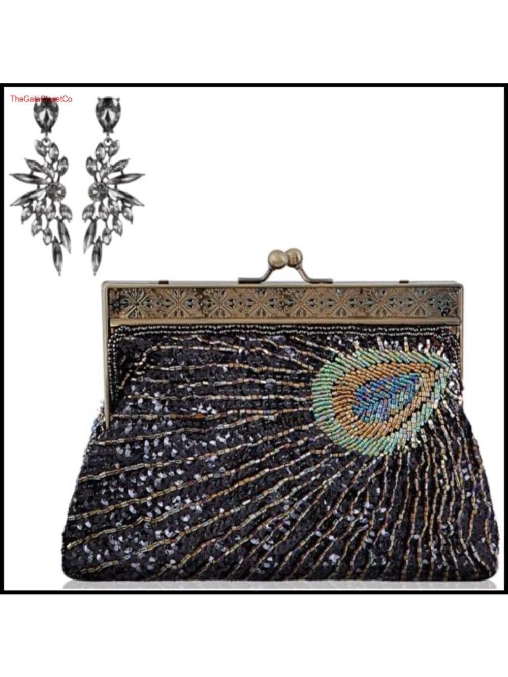 Sequin Peacock Clutch Bag & Black Crystal Earrings Set Evening Handbag